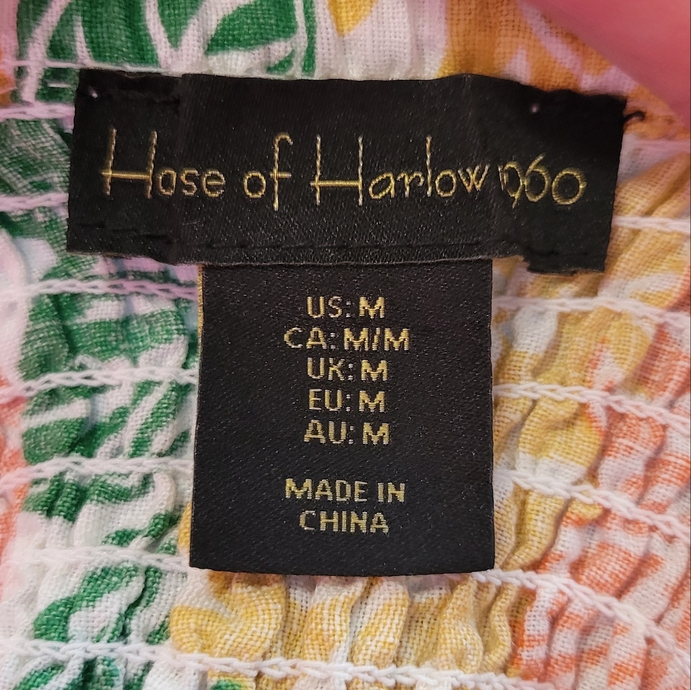 House of Harlow 1960 Linen Babydoll Floral Smocked Puff Sleeve Dress SZ M - Picture 8 of 9